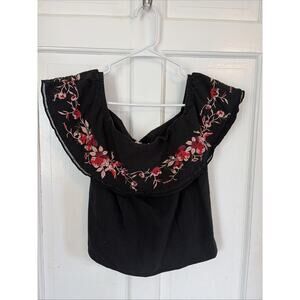 Lucy Paris Women's Linen Blend Black Embroidered Ruffled Blouse Shirt S Peasant